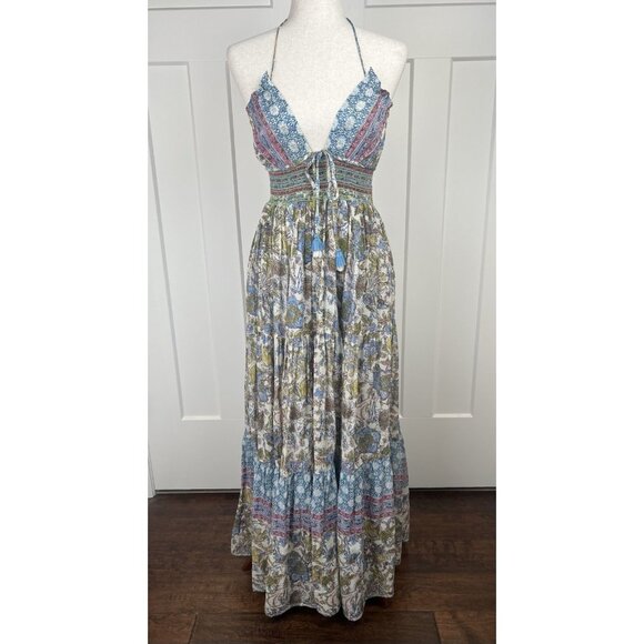 Free People Maxi Dress S Blue Floral Boho Halter Smocked Waist Pockets  Lined - www.tita.cl